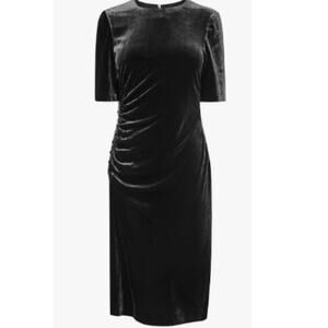 LK Bennett "Dr Kara" Black Velvet Ruched Round Neck Midi Dress Silk Blend US 4